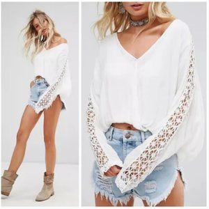 Free People Ivory Runaway Crochet Lace Long Sleeve Rayon Blouse Top M NWT